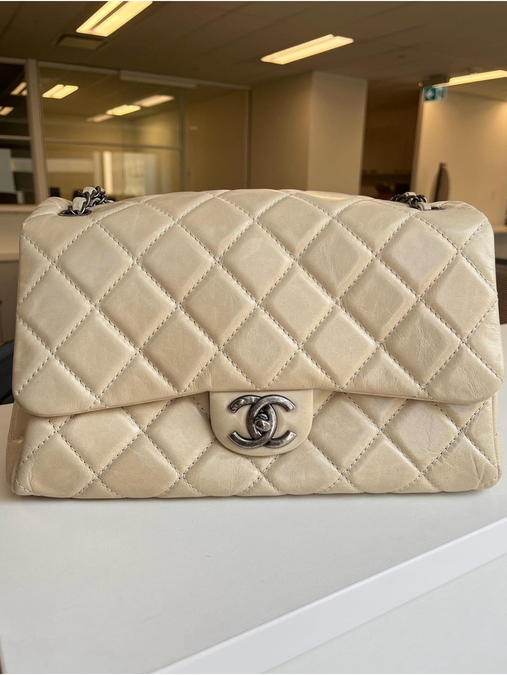 Authentic Chanel Quilted Flap Bag in beige distressed calfkin - M size